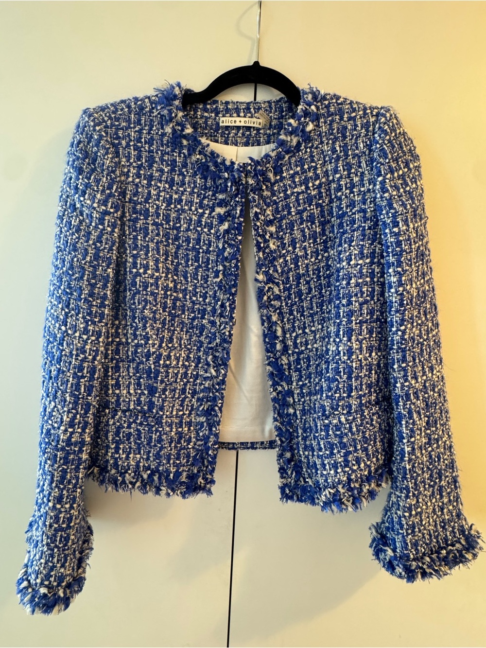 Alice + Olivia Royal Blue and White Tweed Fringe blazer jacket